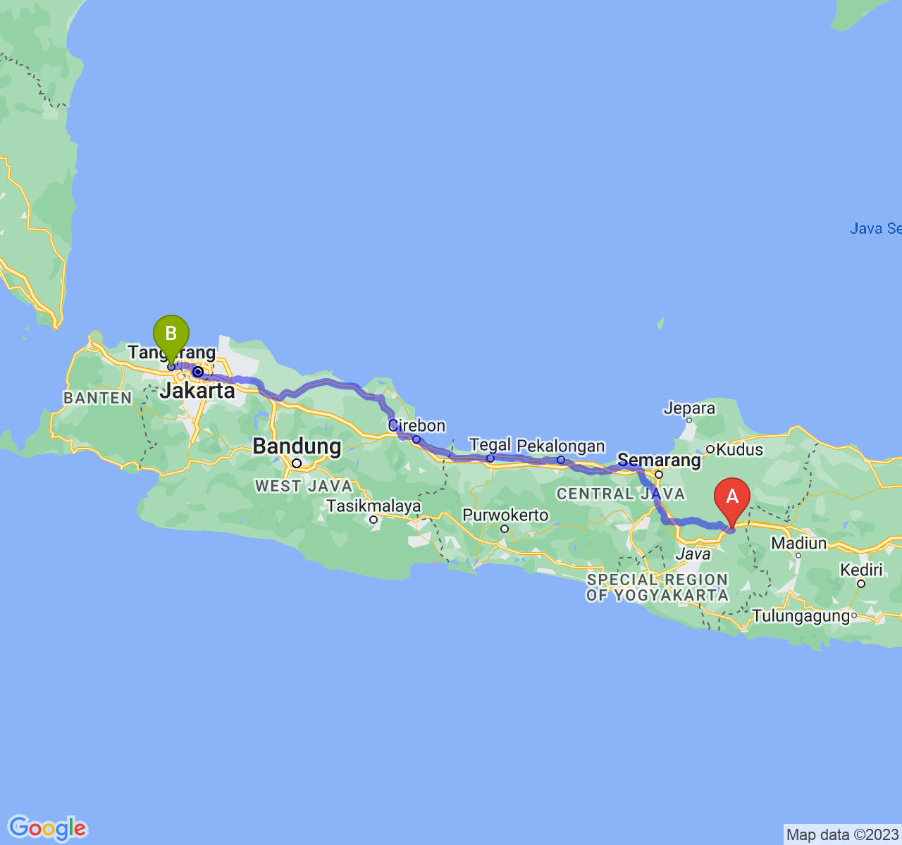 rute perjalanan Kab. Sragen-Kota Tangerang