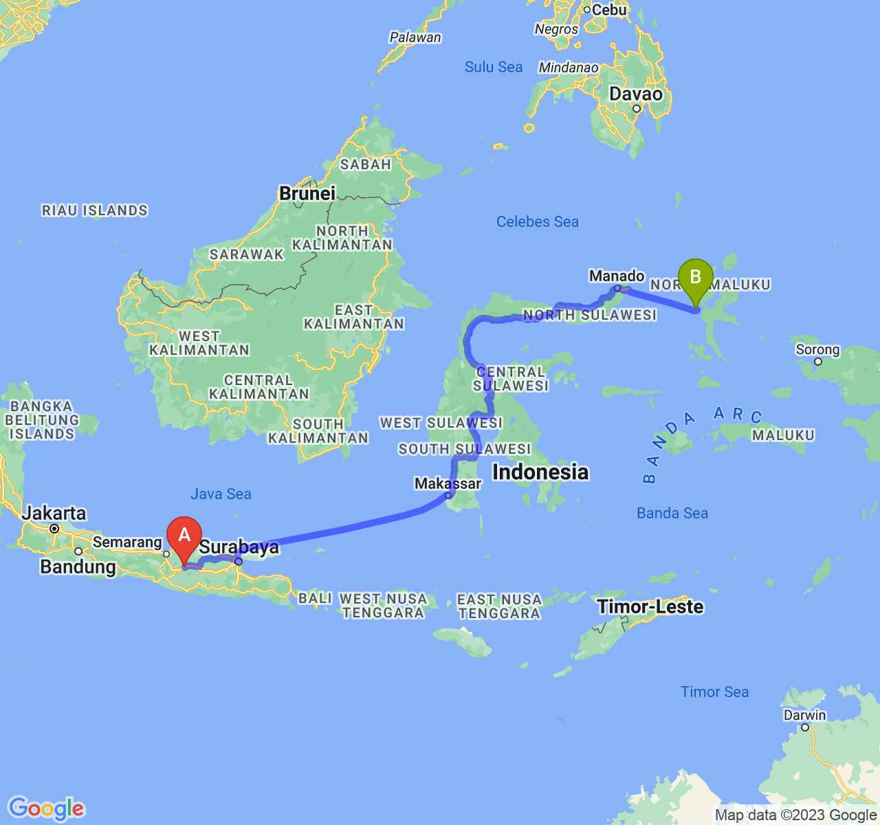 rute perjalanan Kab. Sragen-Kota Ternate