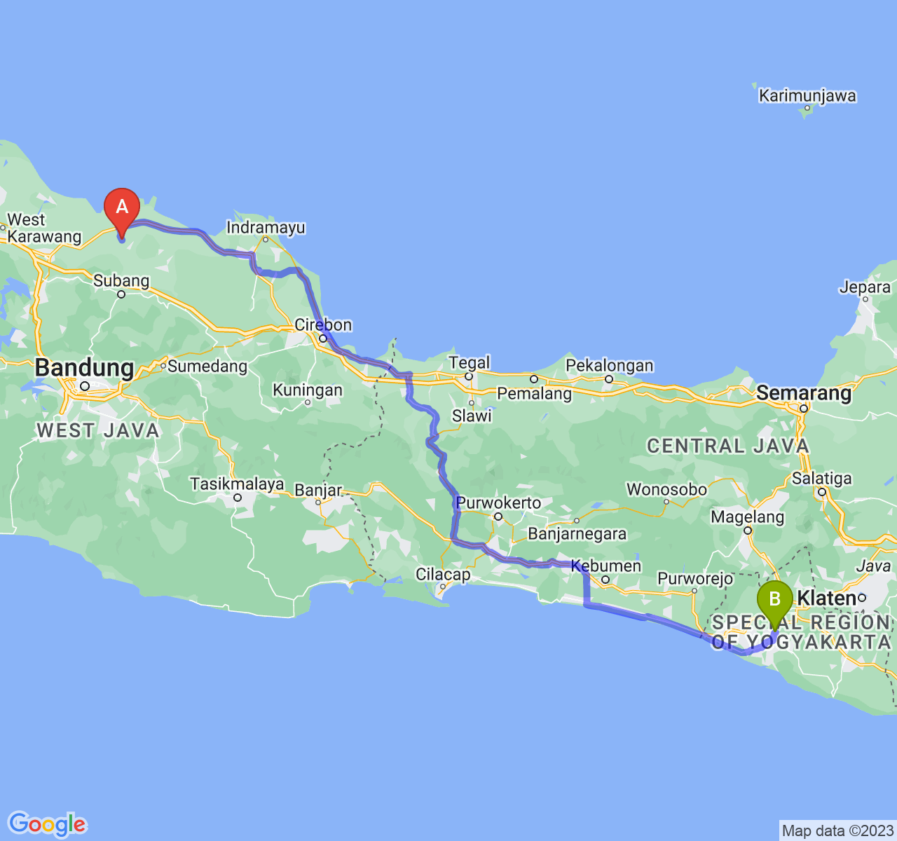 rute perjalanan Kab. Subang-Kab. Bantul