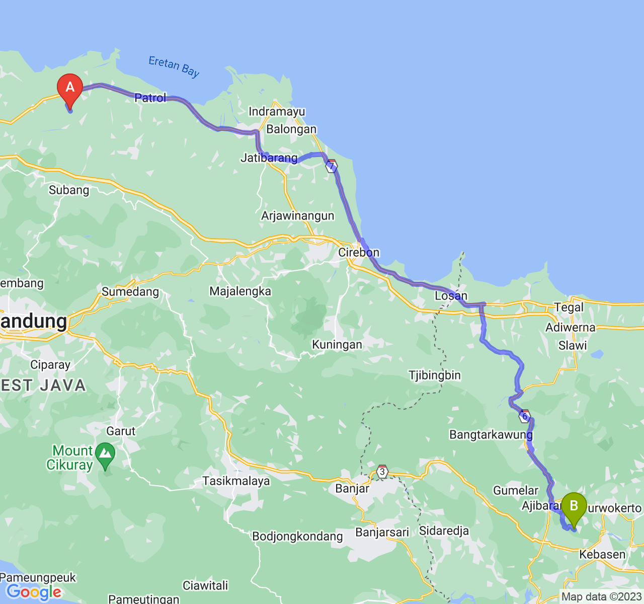 rute perjalanan Kab. Subang-Kab. Banyumas