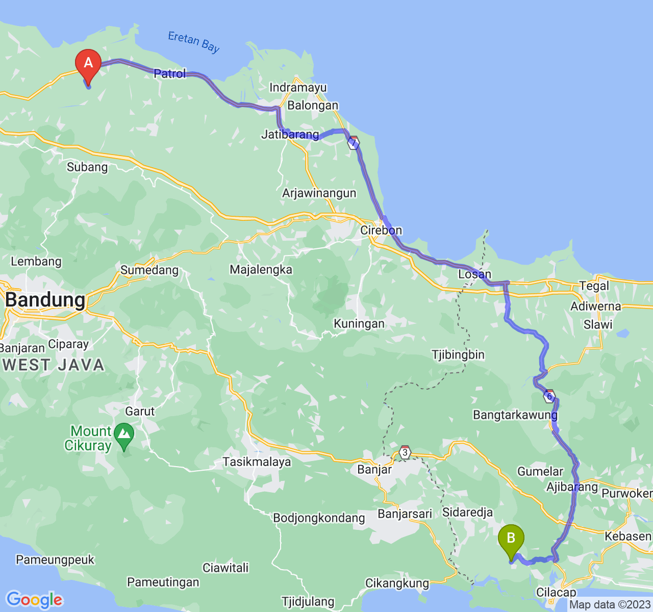 rute perjalanan Kab. Subang-Kab. Cilacap