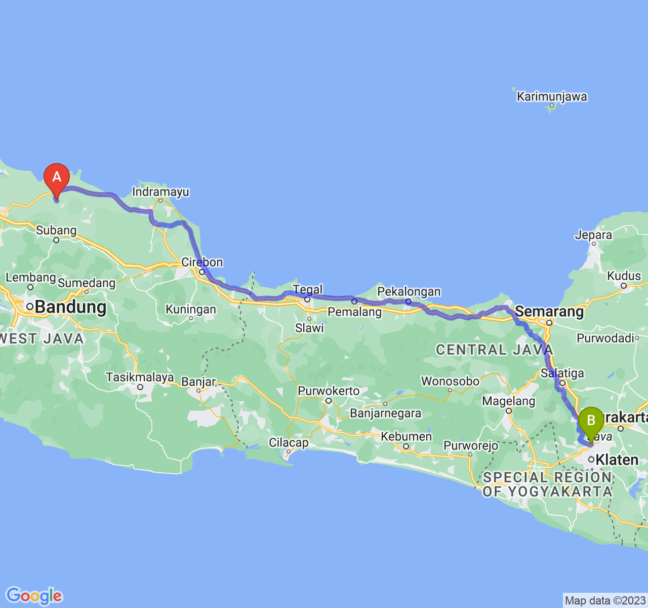 rute perjalanan Kab. Subang-Kab. Klaten