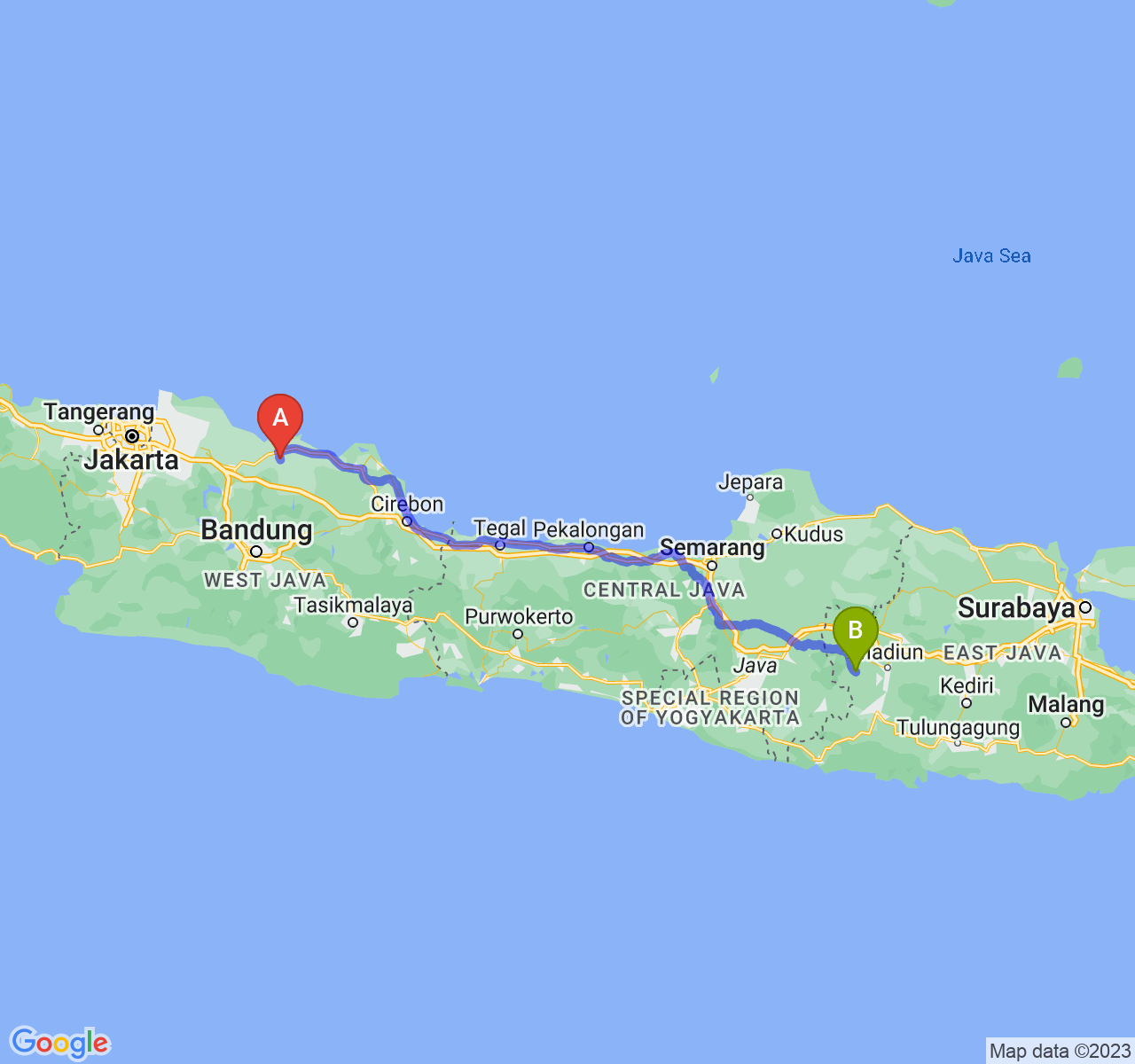 rute perjalanan Kab. Subang-Kab. Magetan