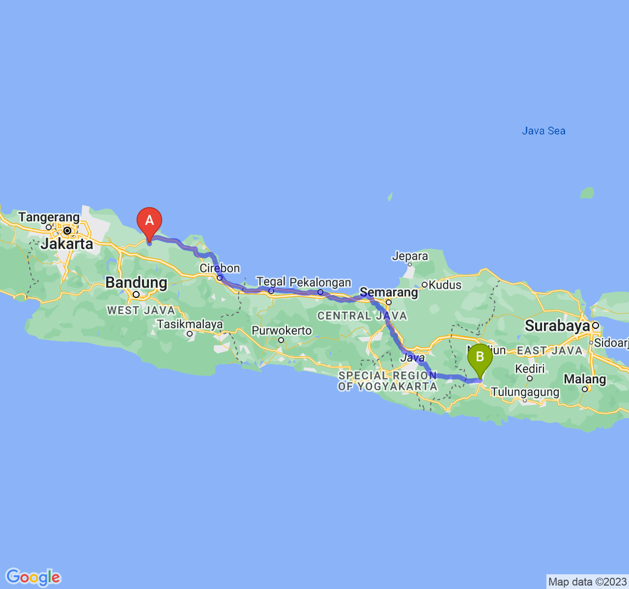 rute perjalanan Kab. Subang-Kab. Ponorogo