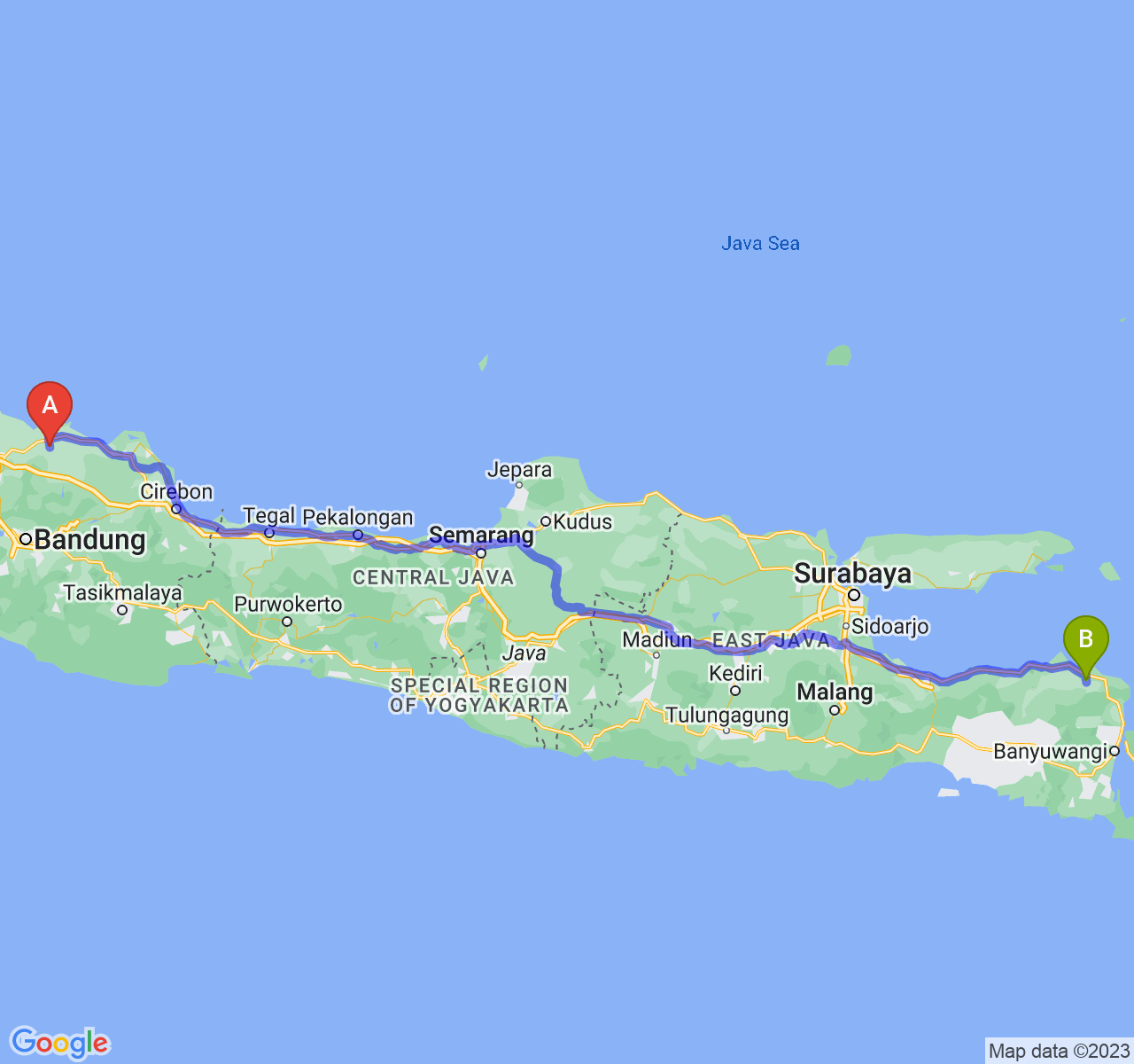 rute perjalanan Kab. Subang-Kab. Situbondo