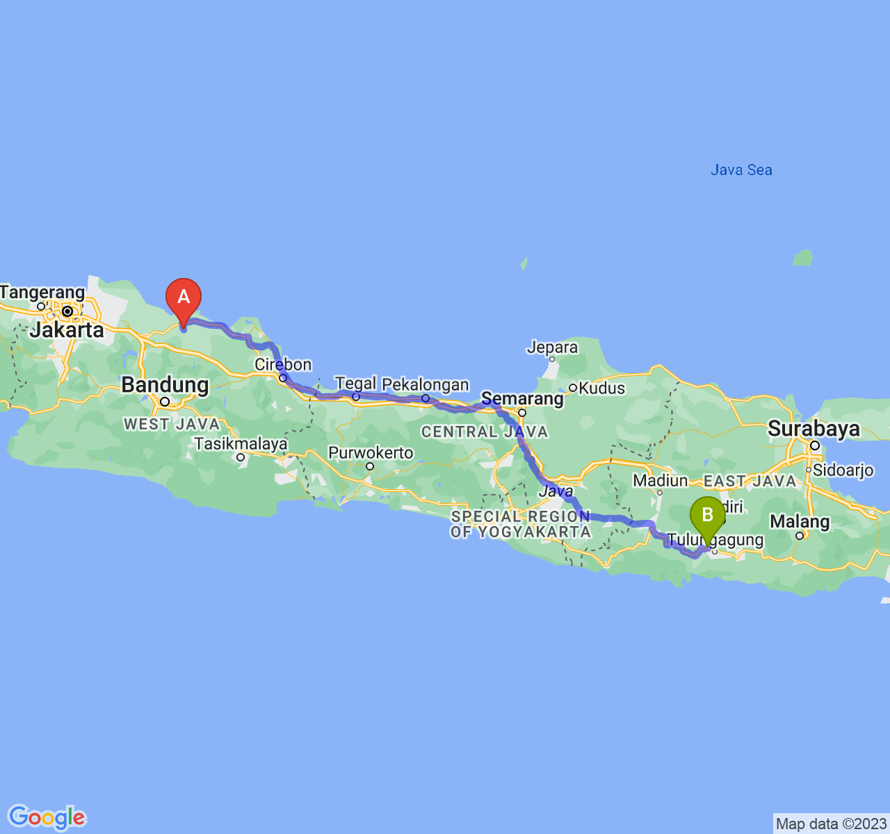 rute perjalanan Kab. Subang-Kab. Tulungagung