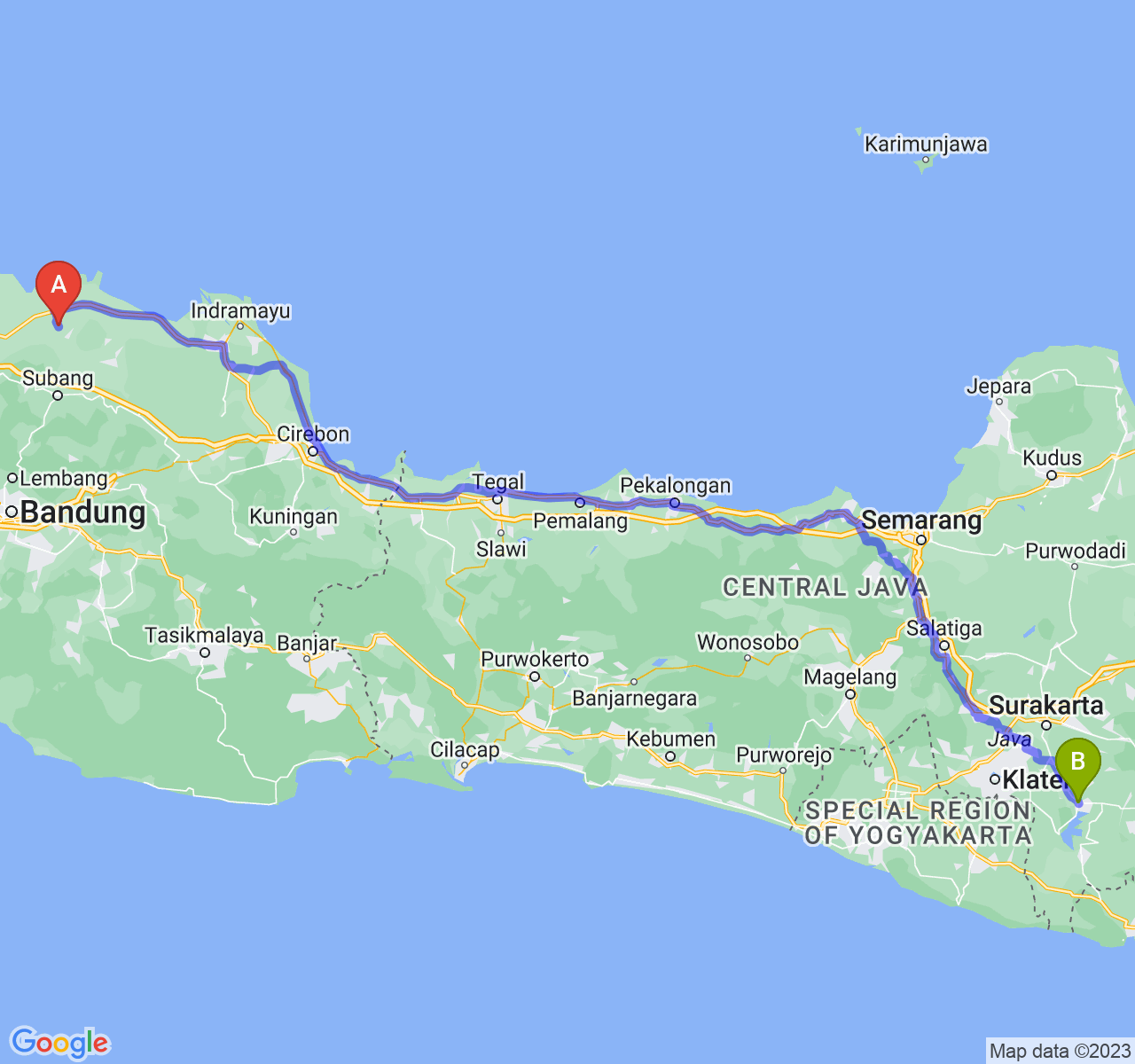 rute perjalanan Kab. Subang-Kab. Wonogiri