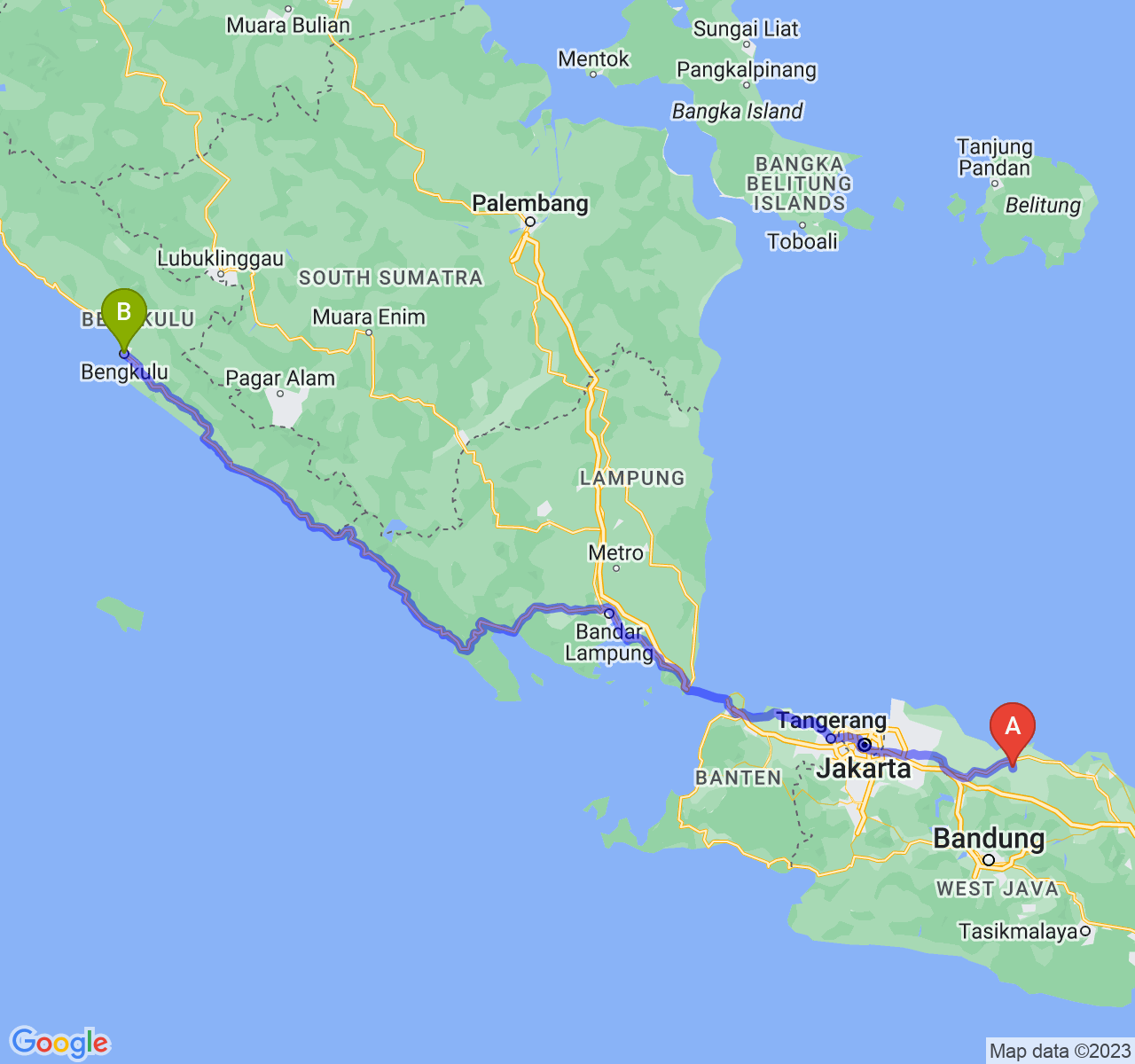 rute perjalanan Kab. Subang-Kota Bengkulu