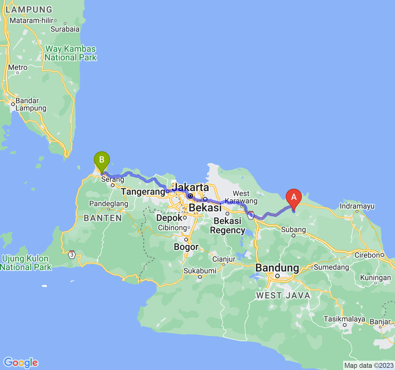 rute perjalanan Kab. Subang-Kota Cilegon