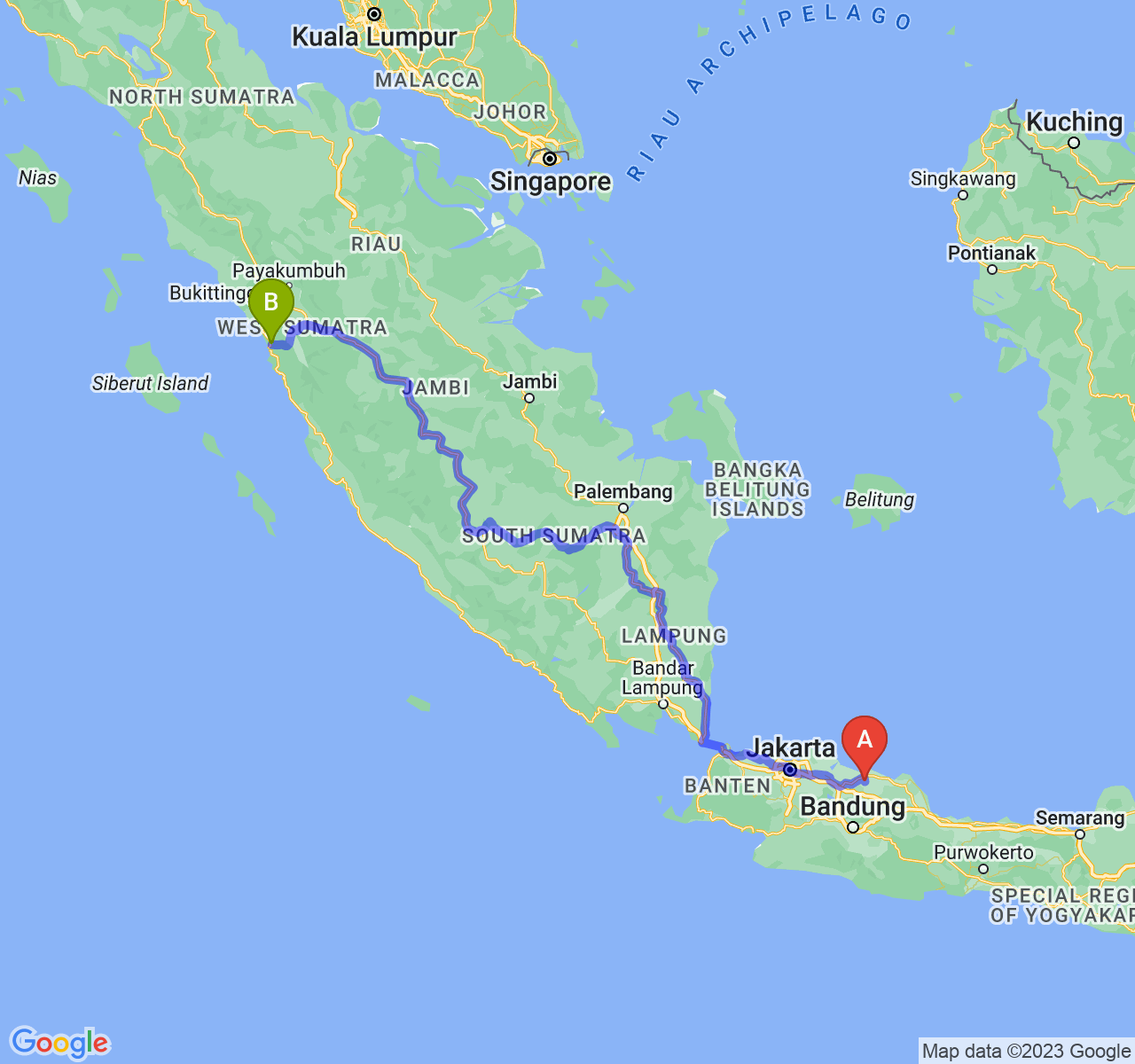 rute perjalanan Kab. Subang-Kota Padang