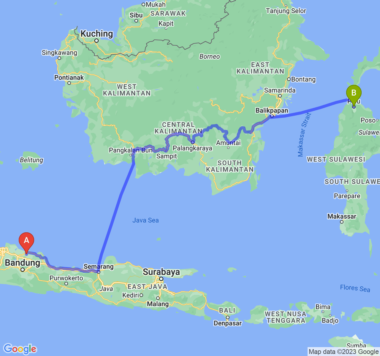 rute perjalanan Kab. Subang-Kota Palu