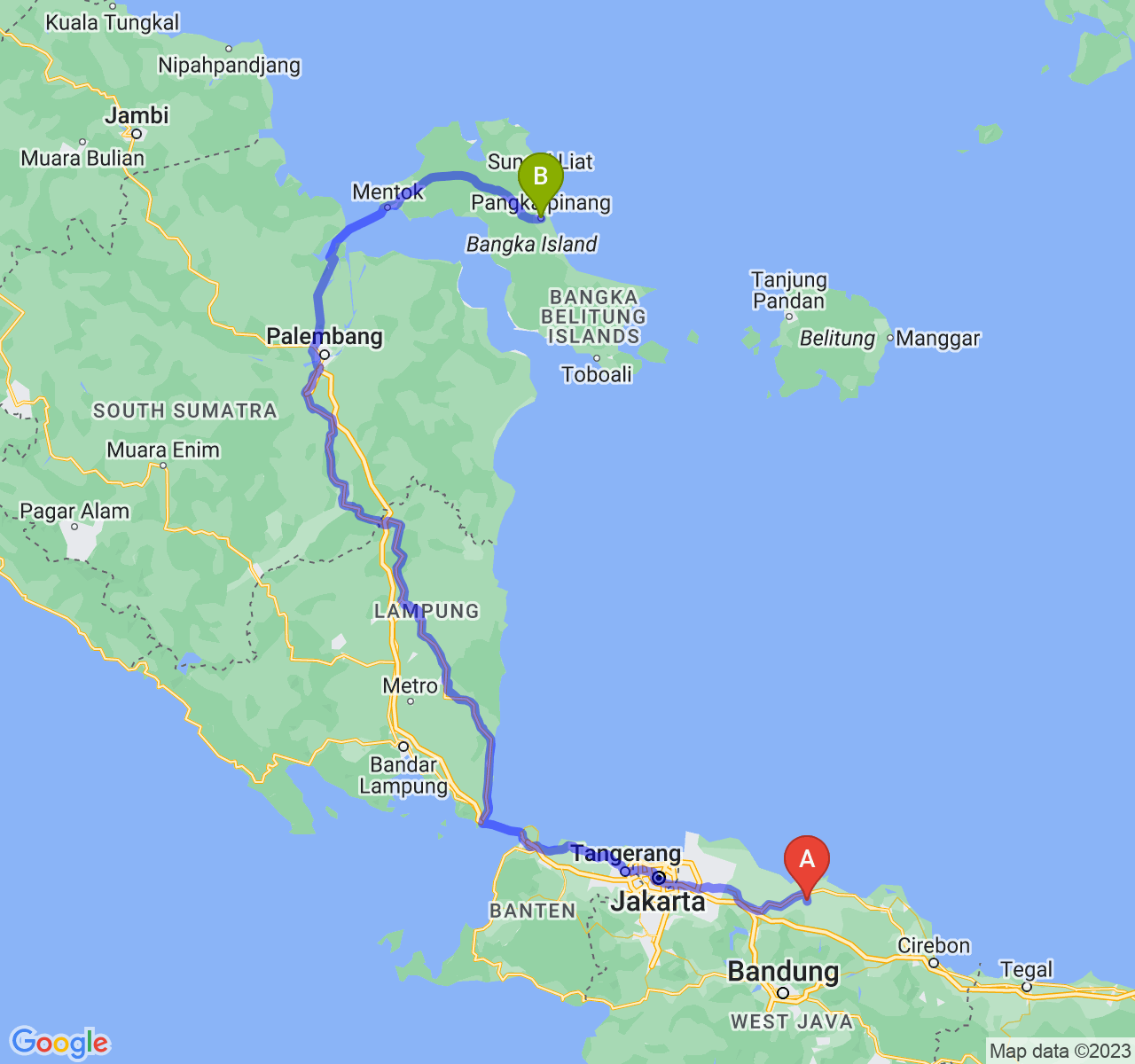 rute perjalanan Kab. Subang-Kota Pangkalpinang