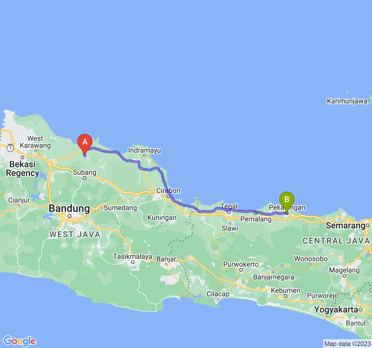 rute perjalanan Kab. Subang-Kota Pekalongan