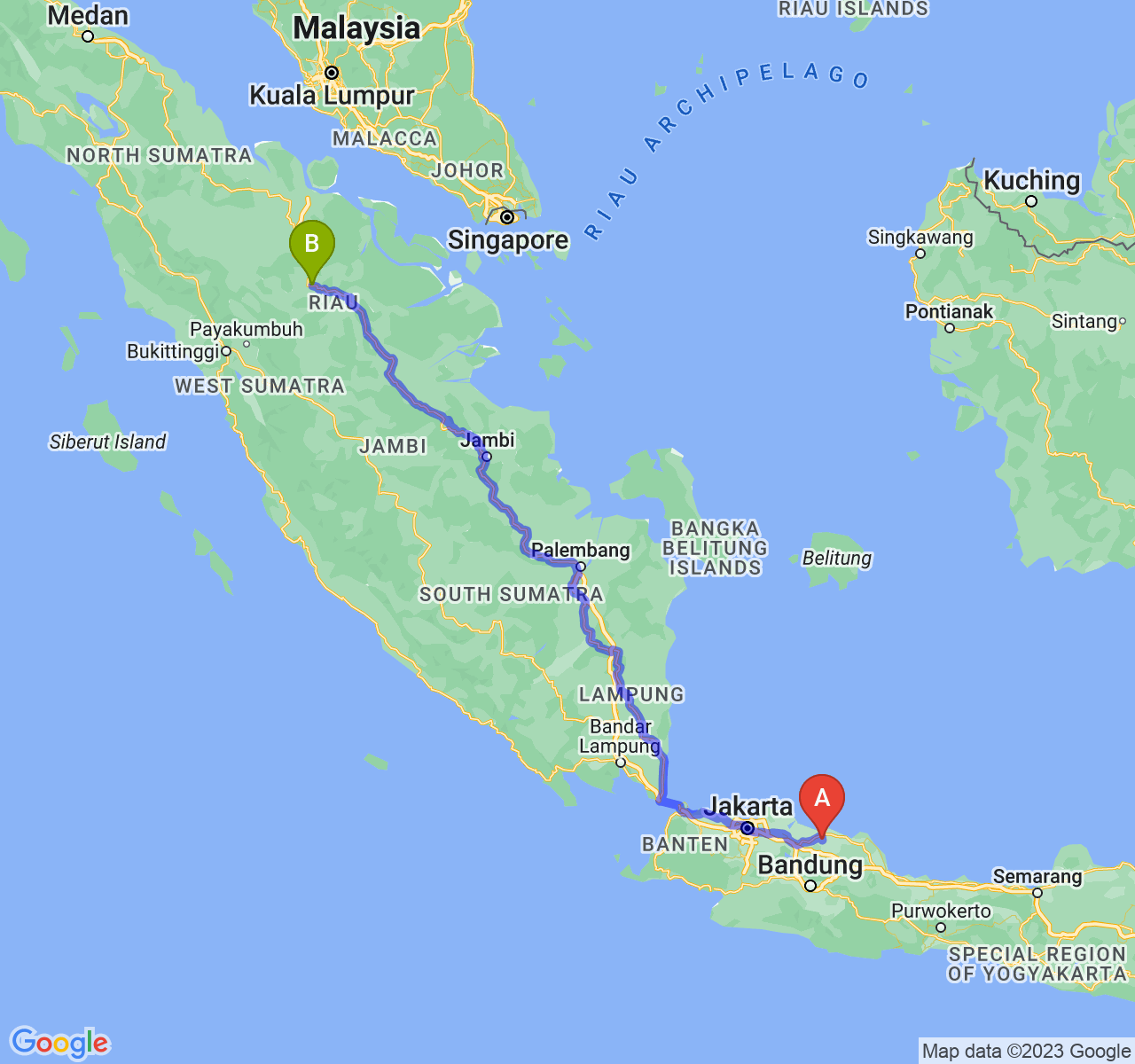 rute perjalanan Kab. Subang-Kota Pekanbaru