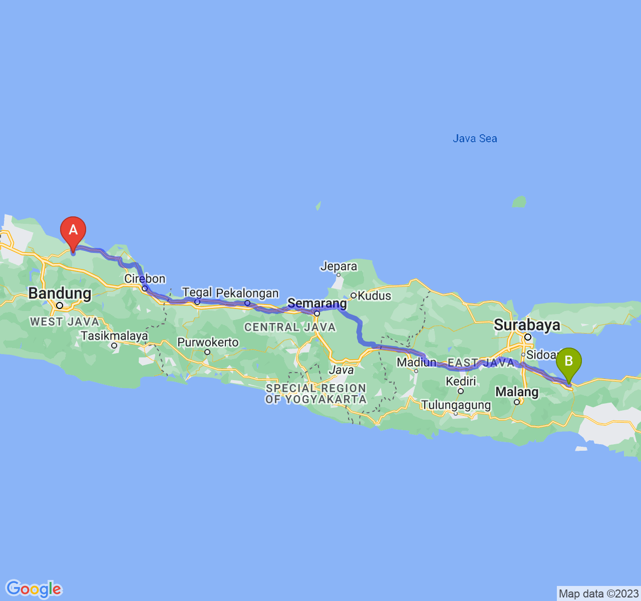 rute perjalanan Kab. Subang-Kota Probolinggo