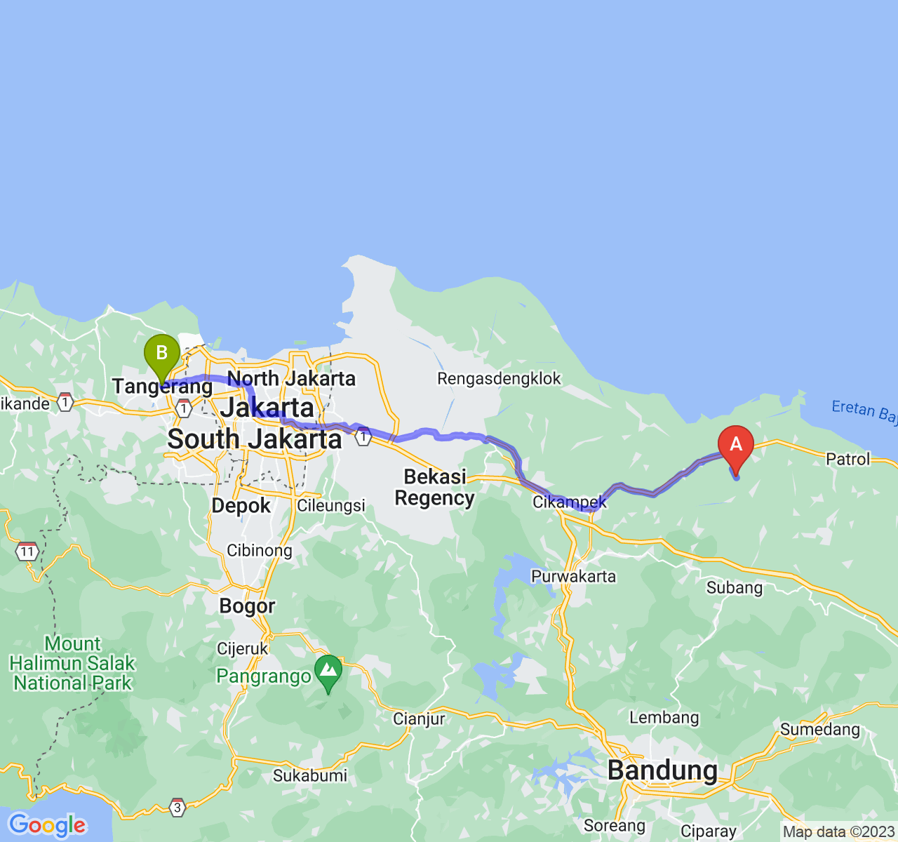 rute perjalanan Kab. Subang-Kota Tangerang