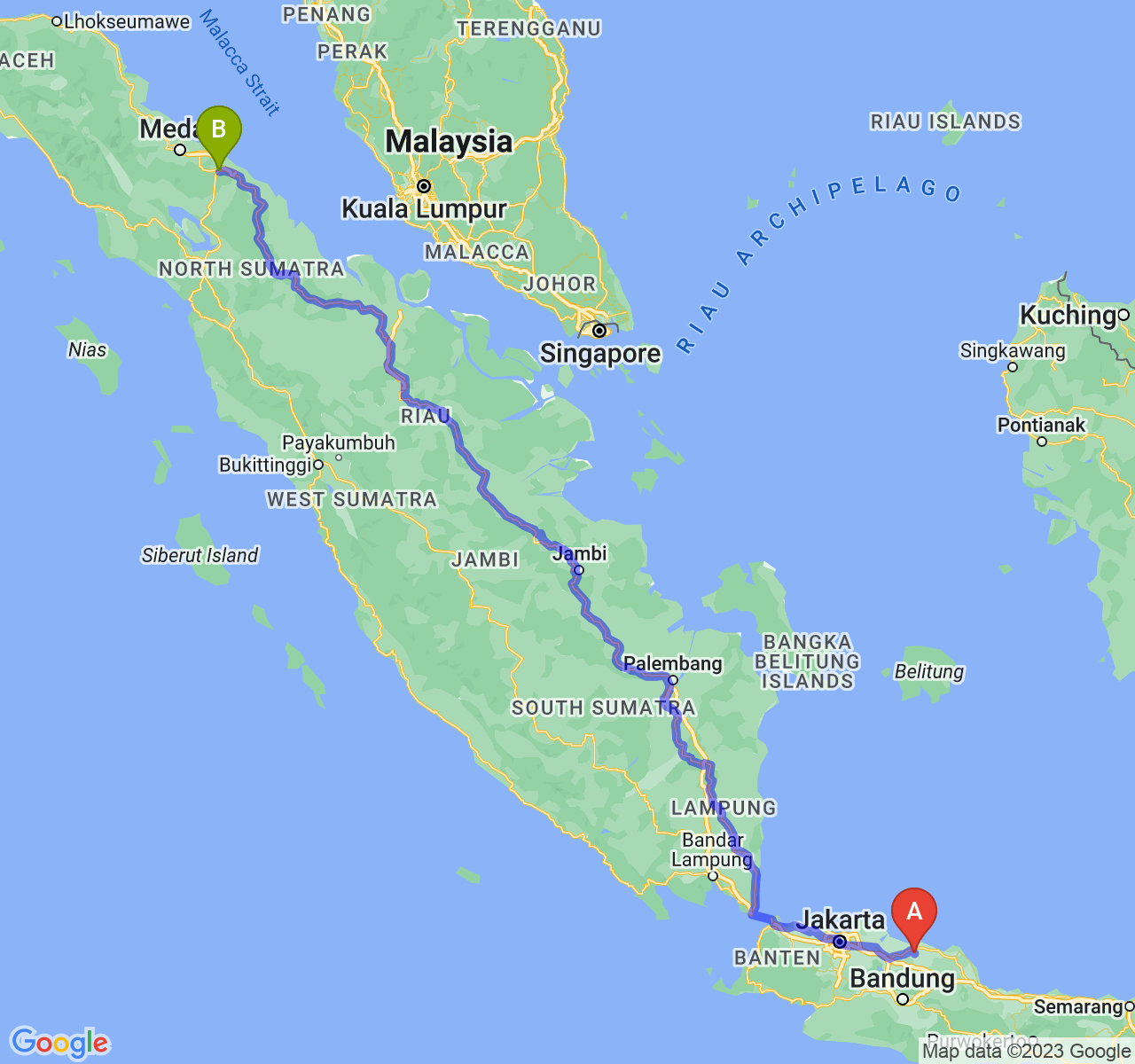 rute perjalanan Kab. Subang-Kota Tebing Tinggi