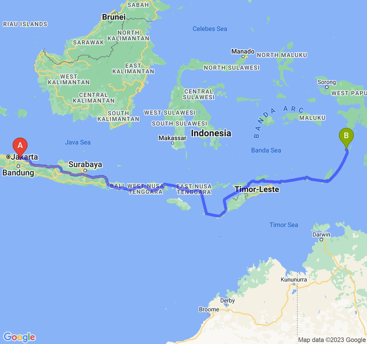 rute perjalanan Kab. Subang-Kota Tual