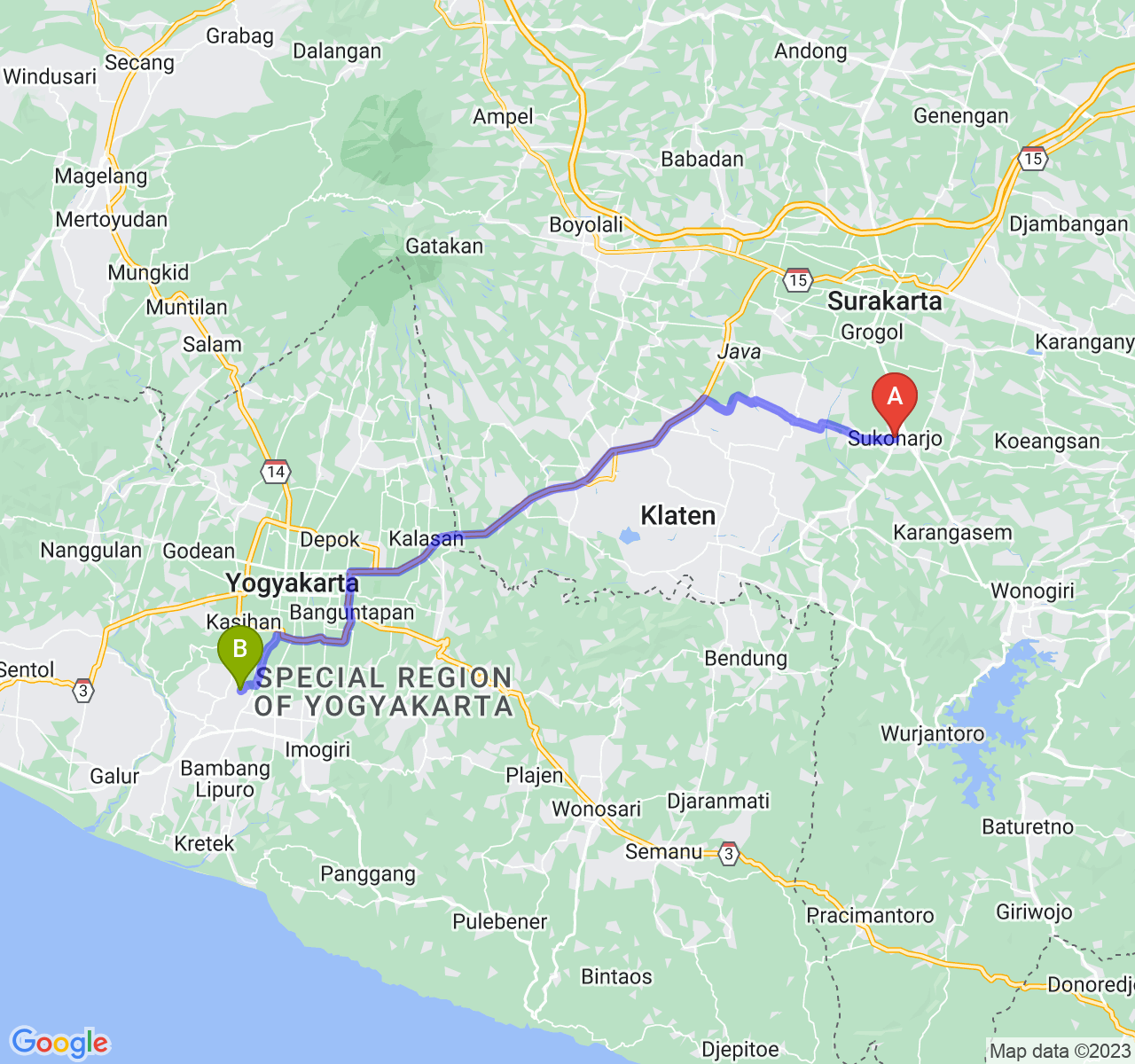 rute perjalanan Kab. Sukoharjo-Kab. Bantul