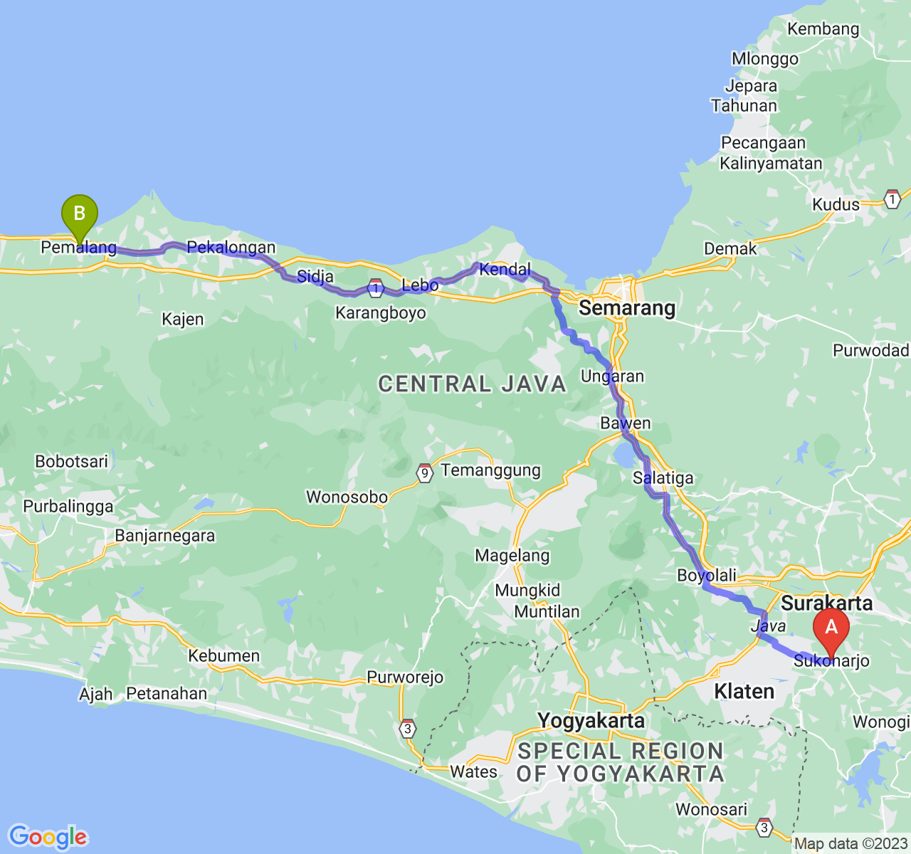 rute perjalanan Kab. Sukoharjo-Kab. Pemalang