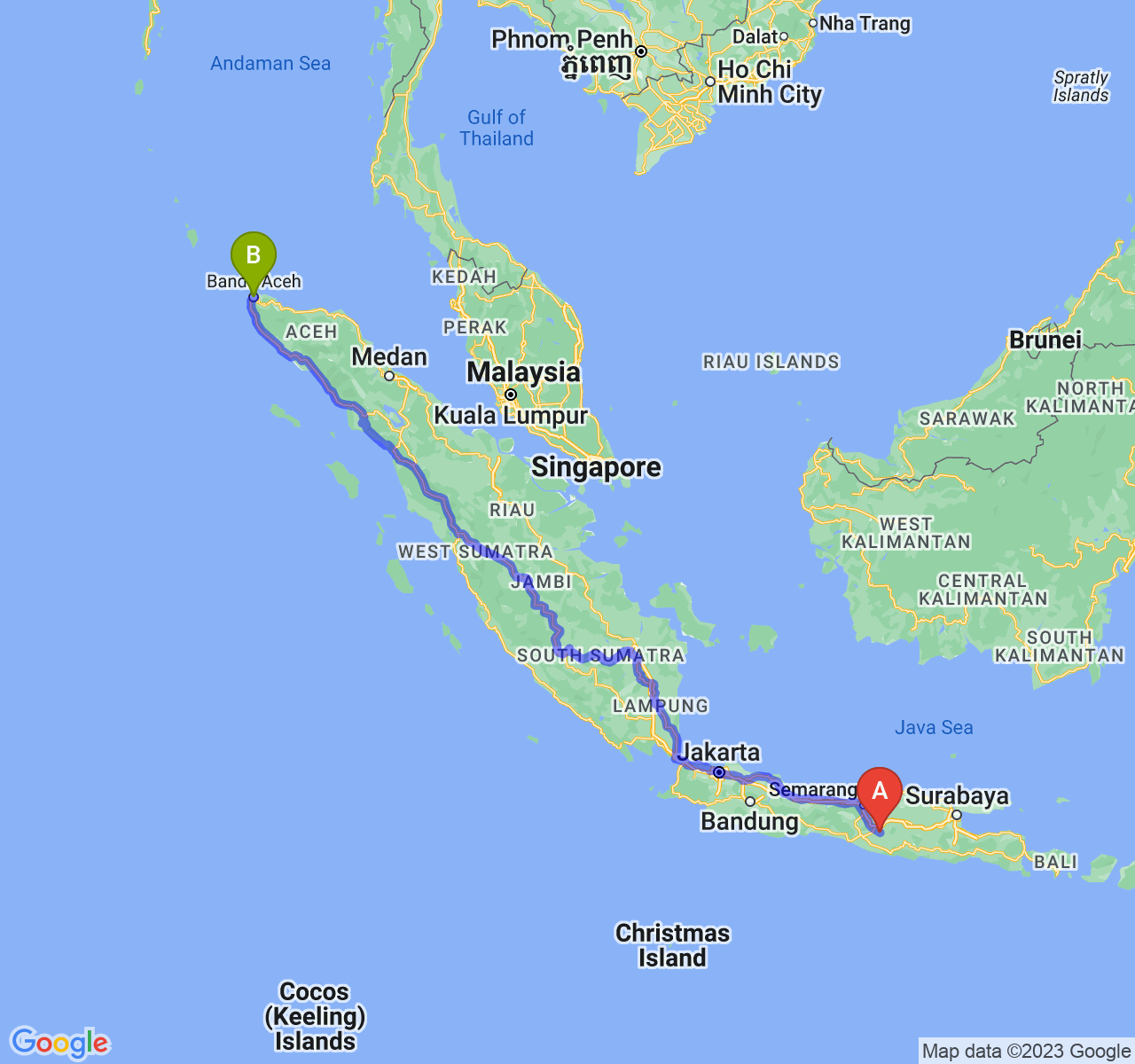 rute perjalanan Kab. Sukoharjo-Kota Banda Aceh