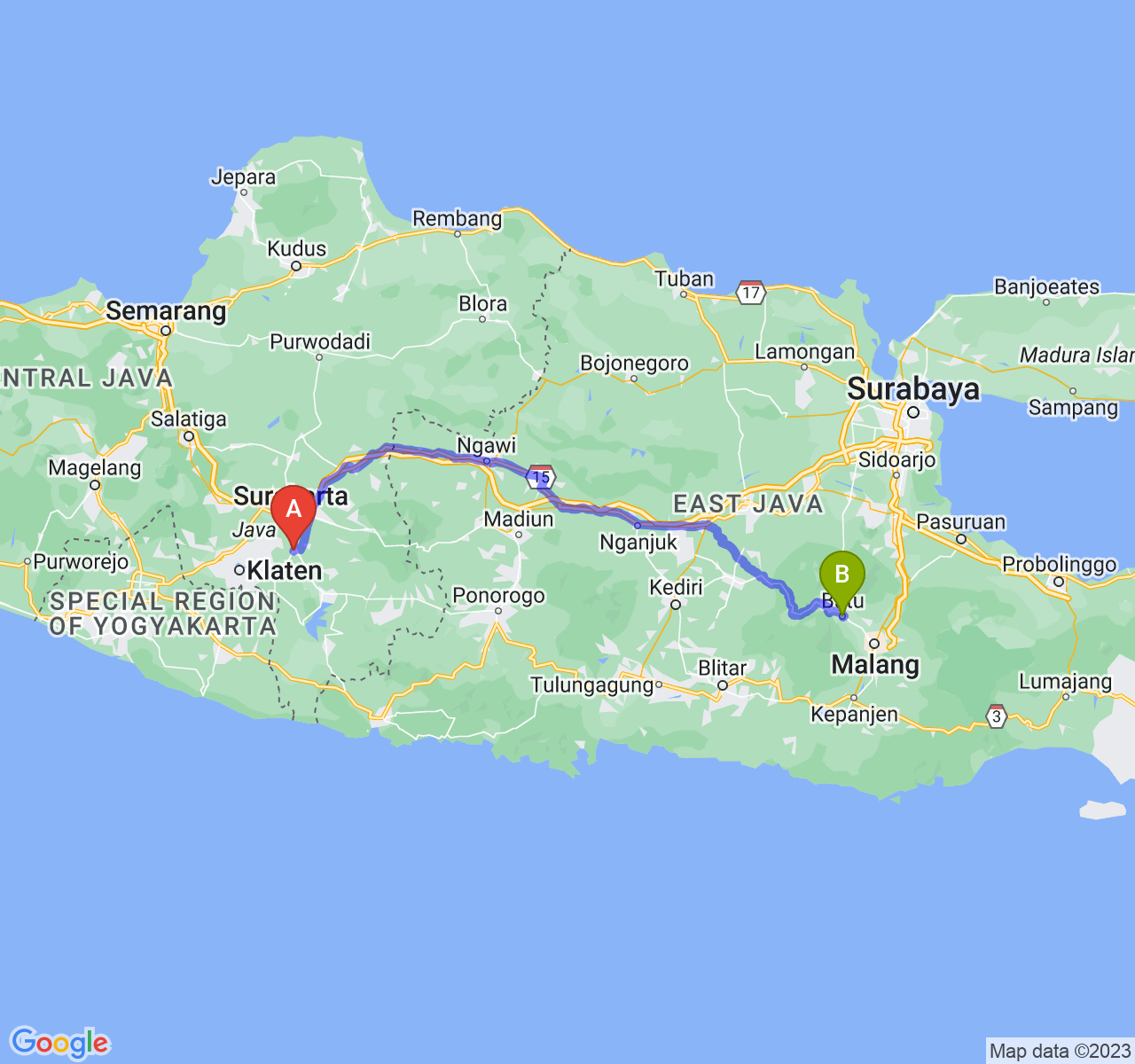 rute perjalanan Kab. Sukoharjo-Kota Batu