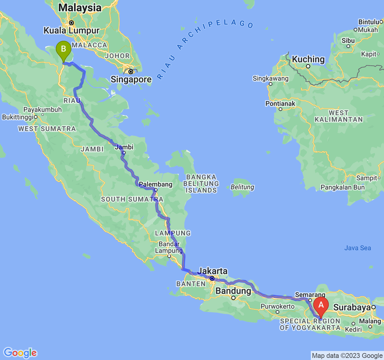 rute perjalanan Kab. Sukoharjo-Kota Dumai