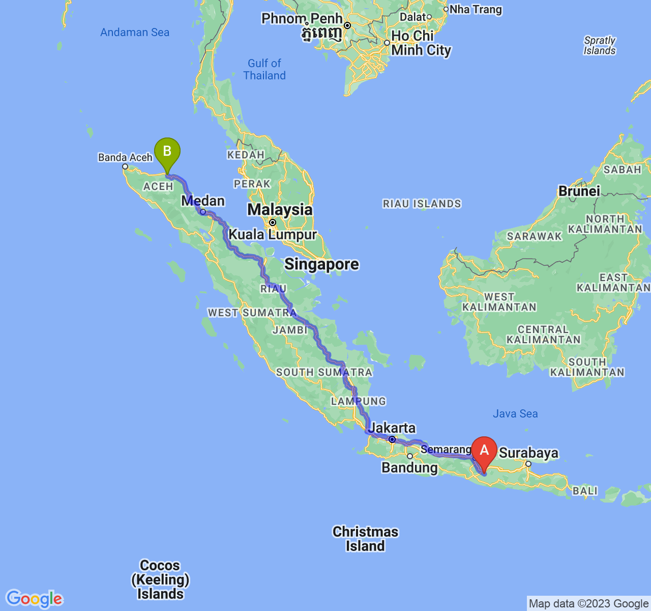 rute perjalanan Kab. Sukoharjo-Kota Lhokseumawe