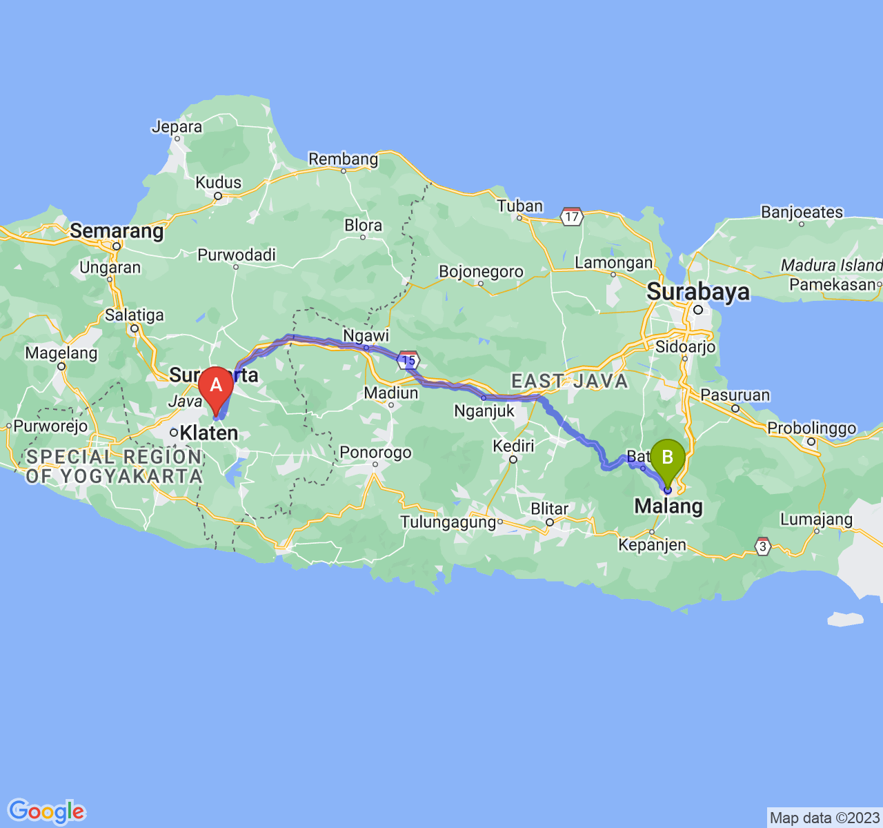 rute perjalanan Kab. Sukoharjo-Kota Malang