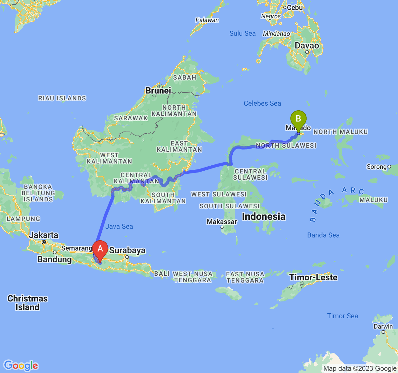 rute perjalanan Kab. Sukoharjo-Kota Manado