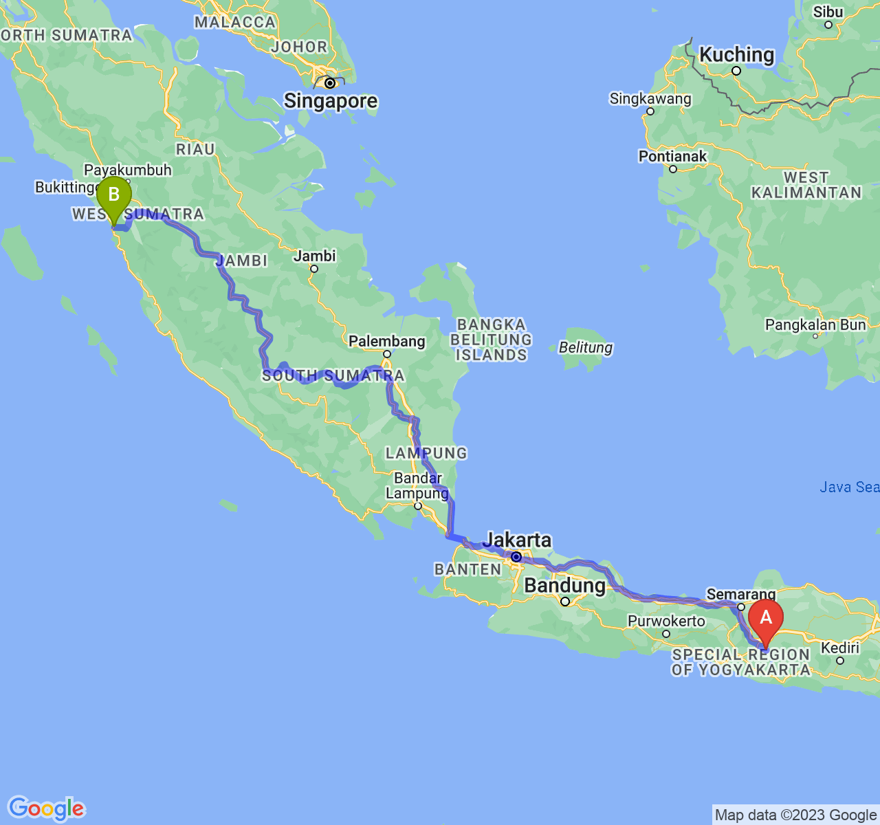 rute perjalanan Kab. Sukoharjo-Kota Padang