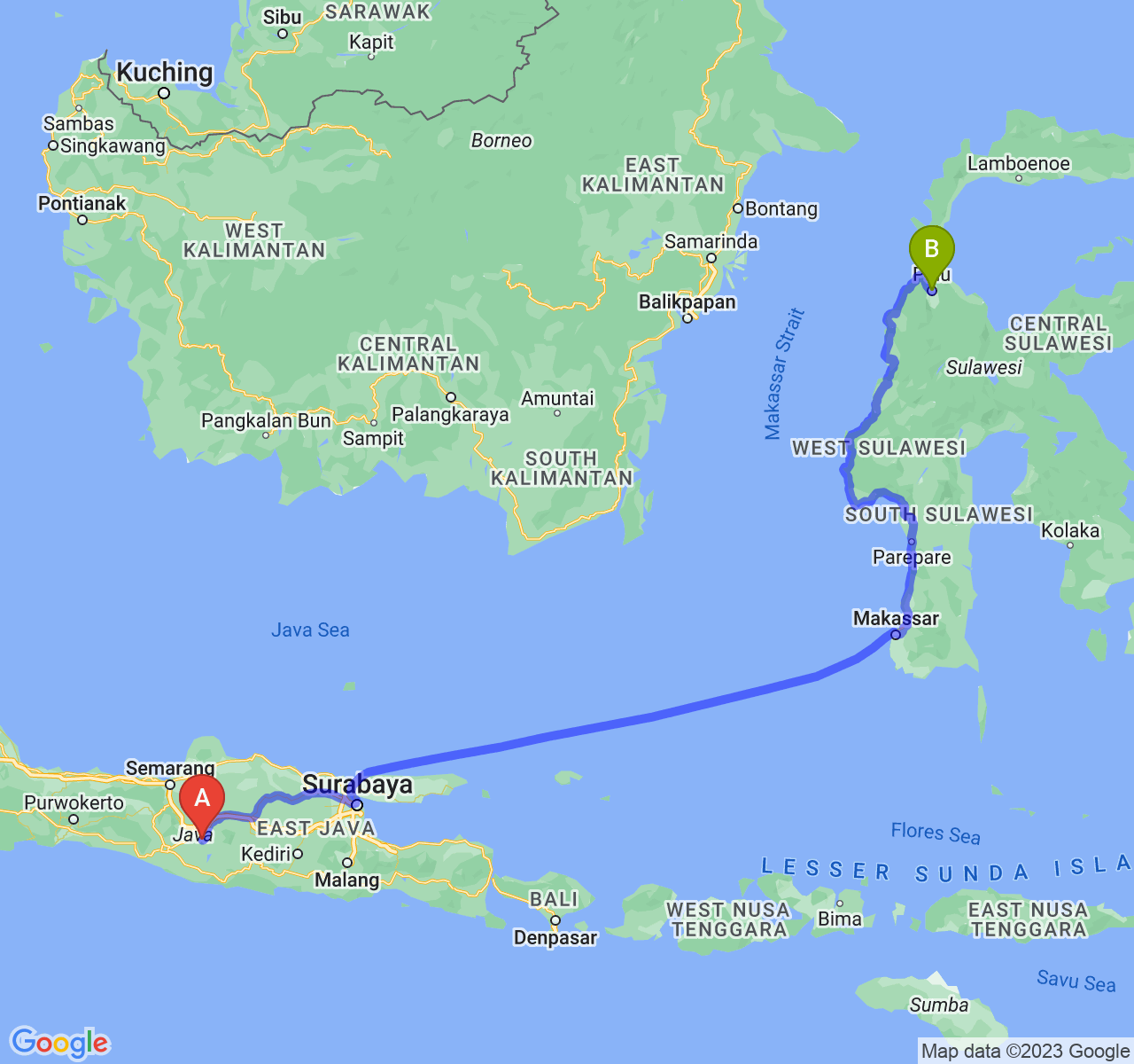 rute perjalanan Kab. Sukoharjo-Kota Palu