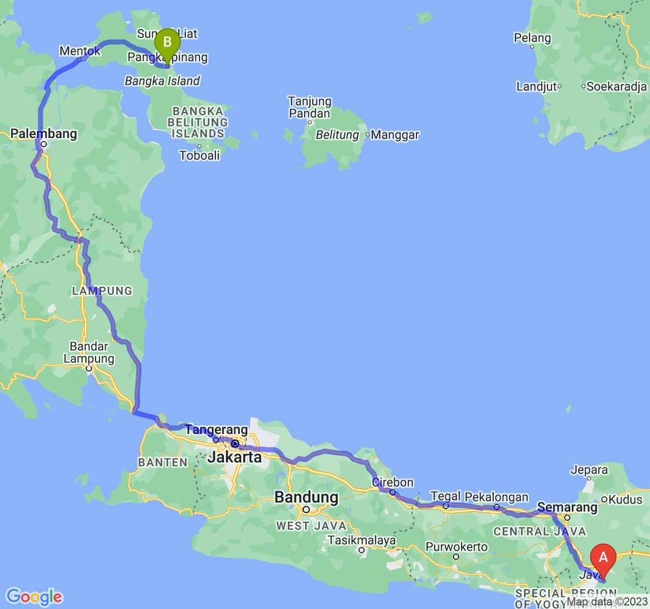 rute perjalanan Kab. Sukoharjo-Kota Pangkalpinang