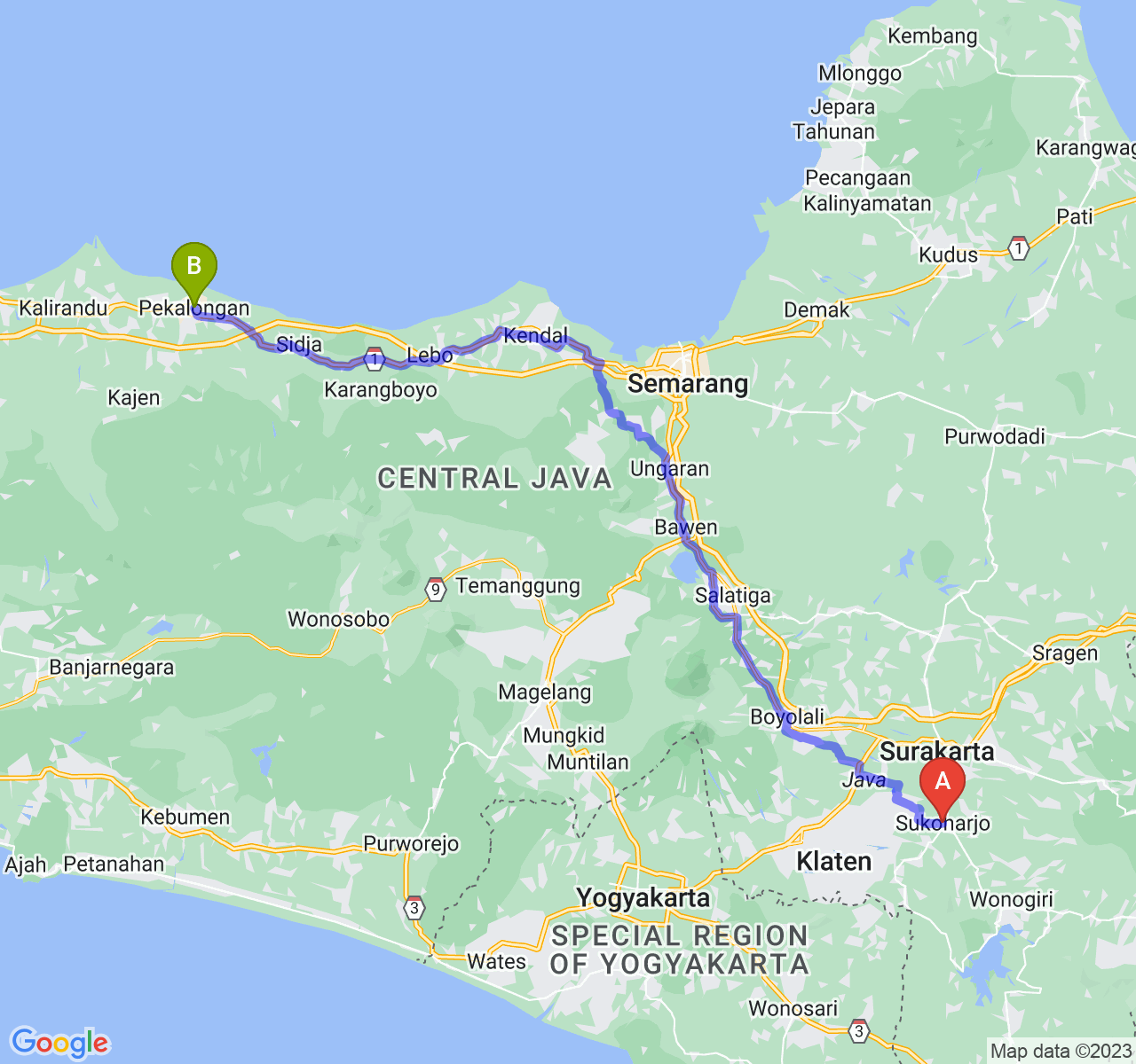 rute perjalanan Kab. Sukoharjo-Kota Pekalongan