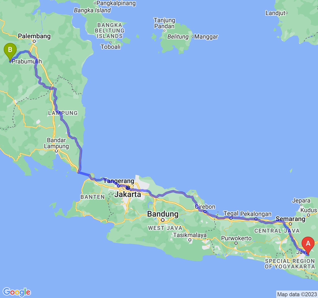 rute perjalanan Kab. Sukoharjo-Kota Prabumulih