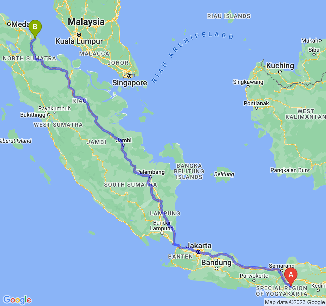 rute perjalanan Kab. Sukoharjo-Kota Tanjung Balai