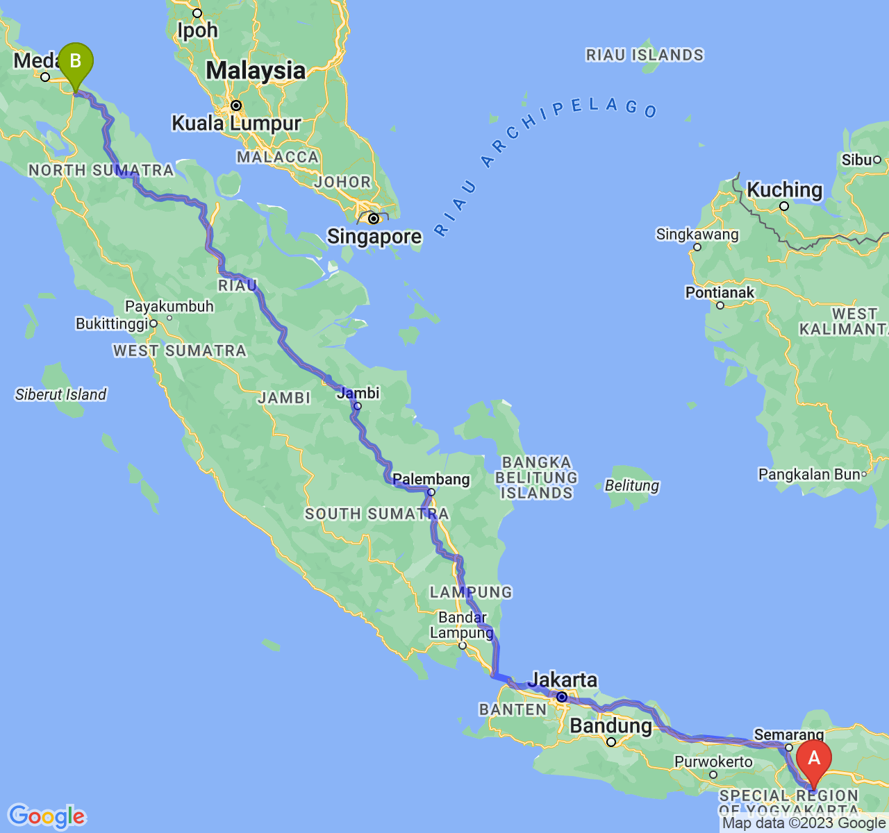 rute perjalanan Kab. Sukoharjo-Kota Tebing Tinggi