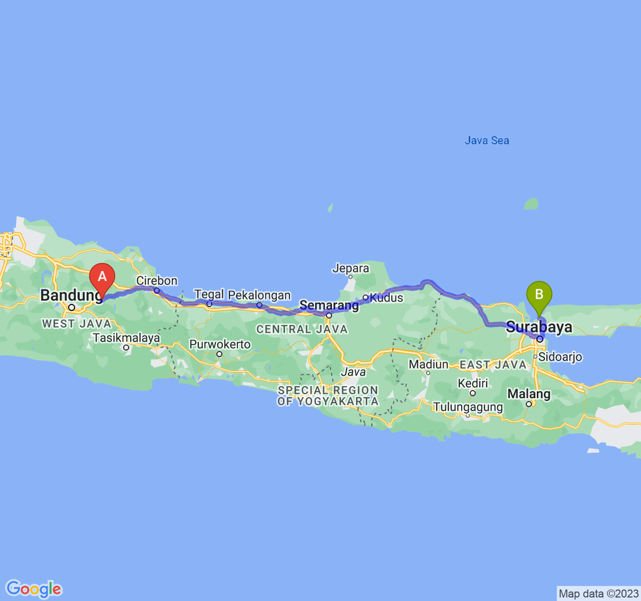 rute perjalanan Kab. Sumedang-Kab. Bangkalan