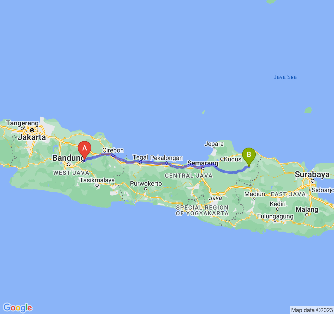 rute perjalanan Kab. Sumedang-Kab. Blora