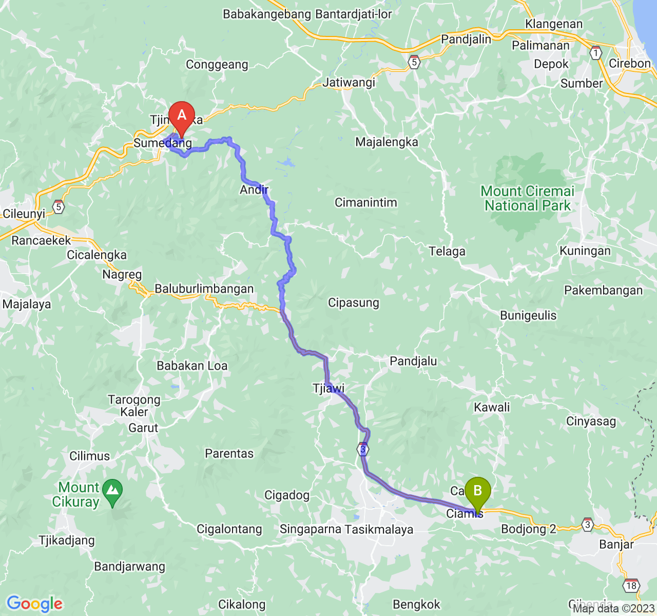 rute perjalanan Kab. Sumedang-Kab. Ciamis