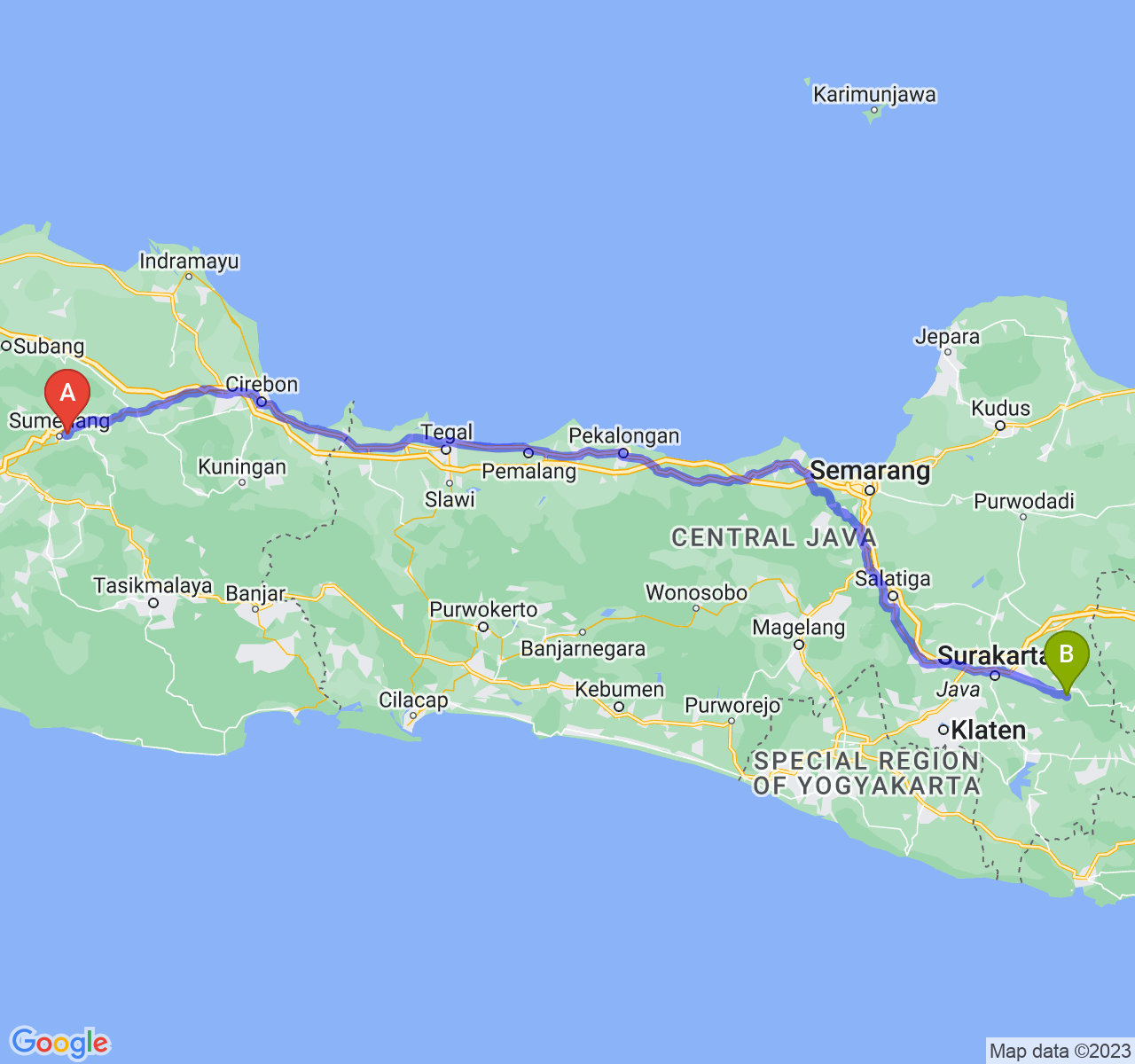 rute perjalanan Kab. Sumedang-Kab. Karanganyar