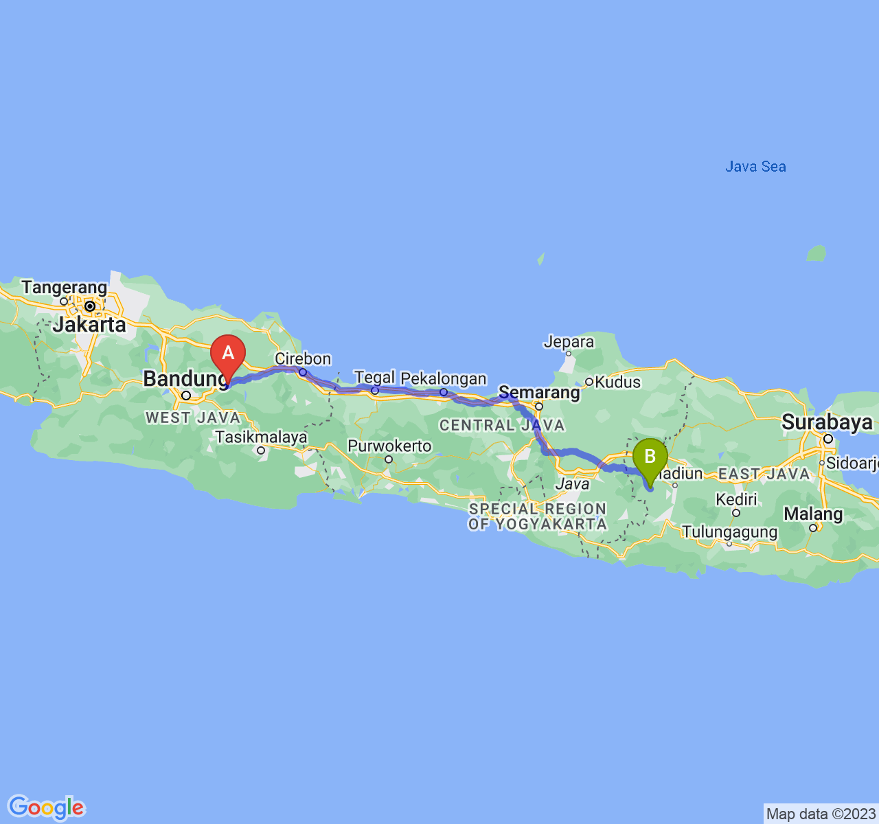 rute perjalanan Kab. Sumedang-Kab. Magetan