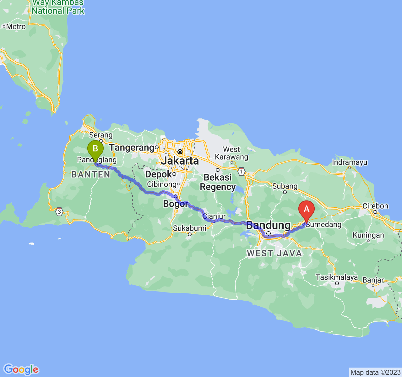 rute perjalanan Kab. Sumedang-Kab. Pandeglang