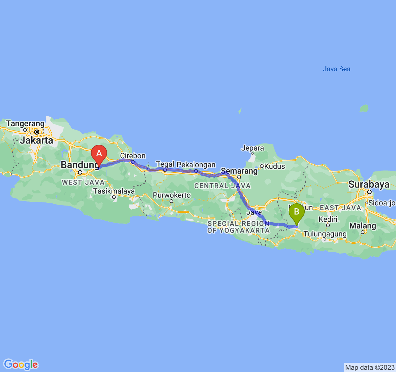 rute perjalanan Kab. Sumedang-Kab. Ponorogo