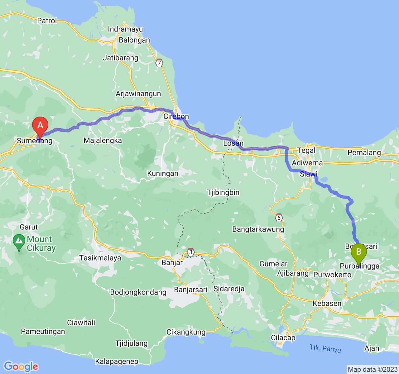 rute perjalanan Kab. Sumedang-Kab. Purbalingga