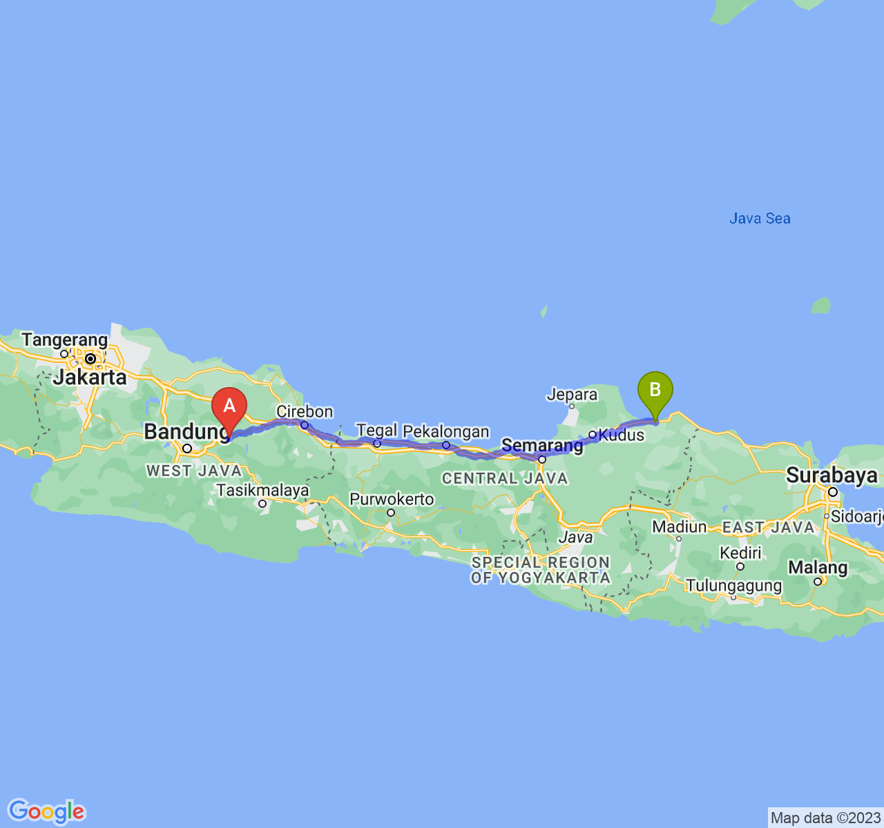 rute perjalanan Kab. Sumedang-Kab. Rembang