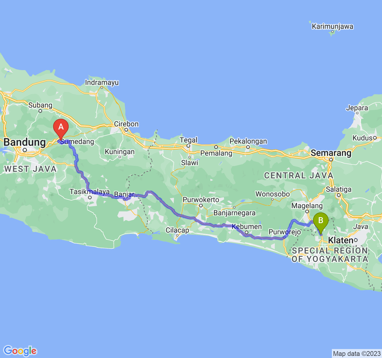 rute perjalanan Kab. Sumedang-Kab. Sleman