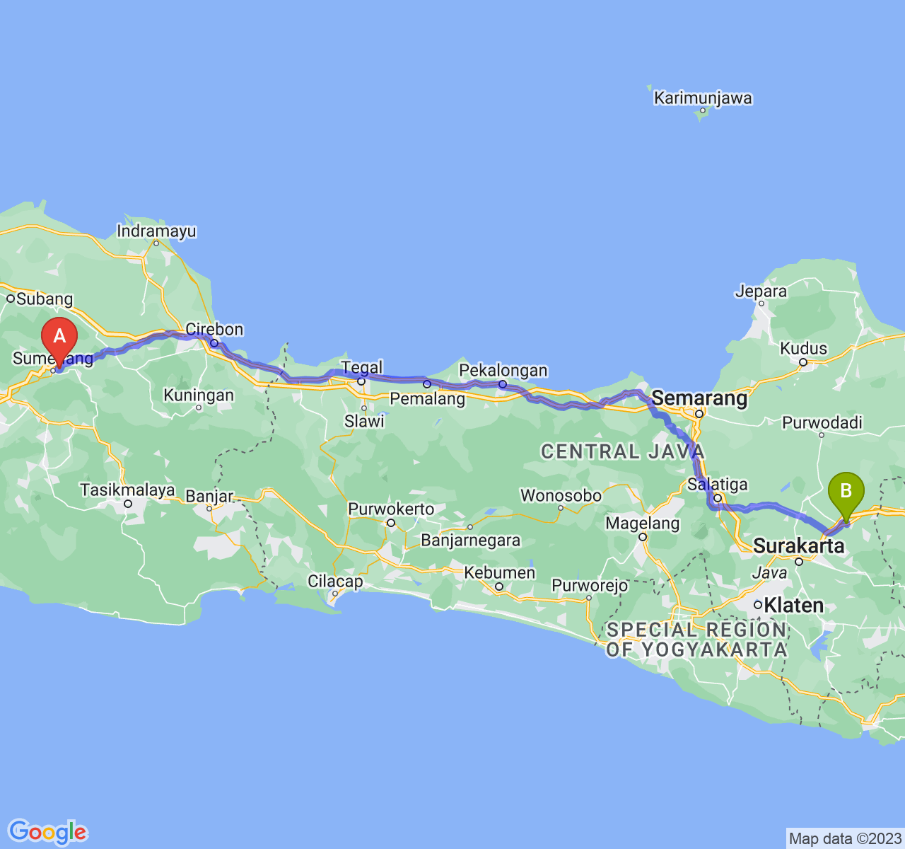 rute perjalanan Kab. Sumedang-Kab. Sragen