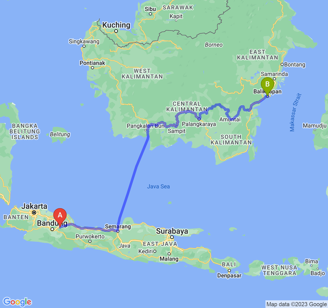 rute perjalanan Kab. Sumedang-Kota Balikpapan