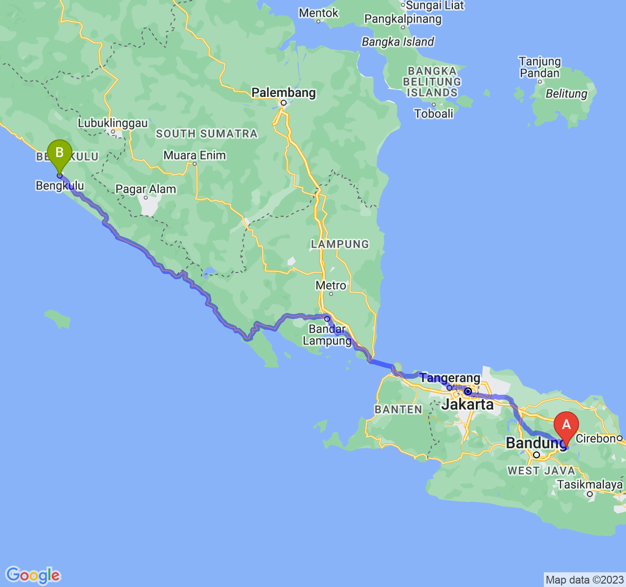 rute perjalanan Kab. Sumedang-Kota Bengkulu